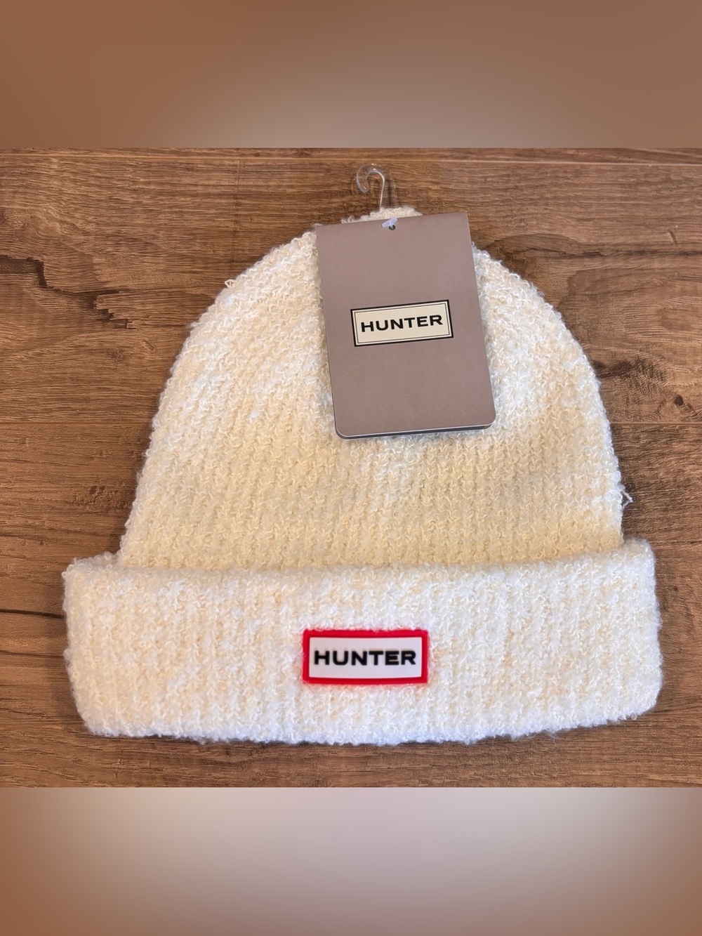 Hunter Off White Fuzzy Cuff Beanie Winter Hat Red White Logo NWT
